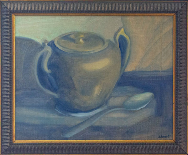 Antique pewter sugar bowl and teaspoon, painted in blues and gold tones, in a patterned frame