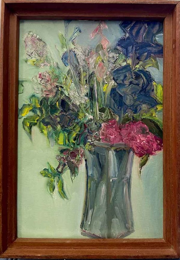 Impasto painted floral bouquet in a square vase
